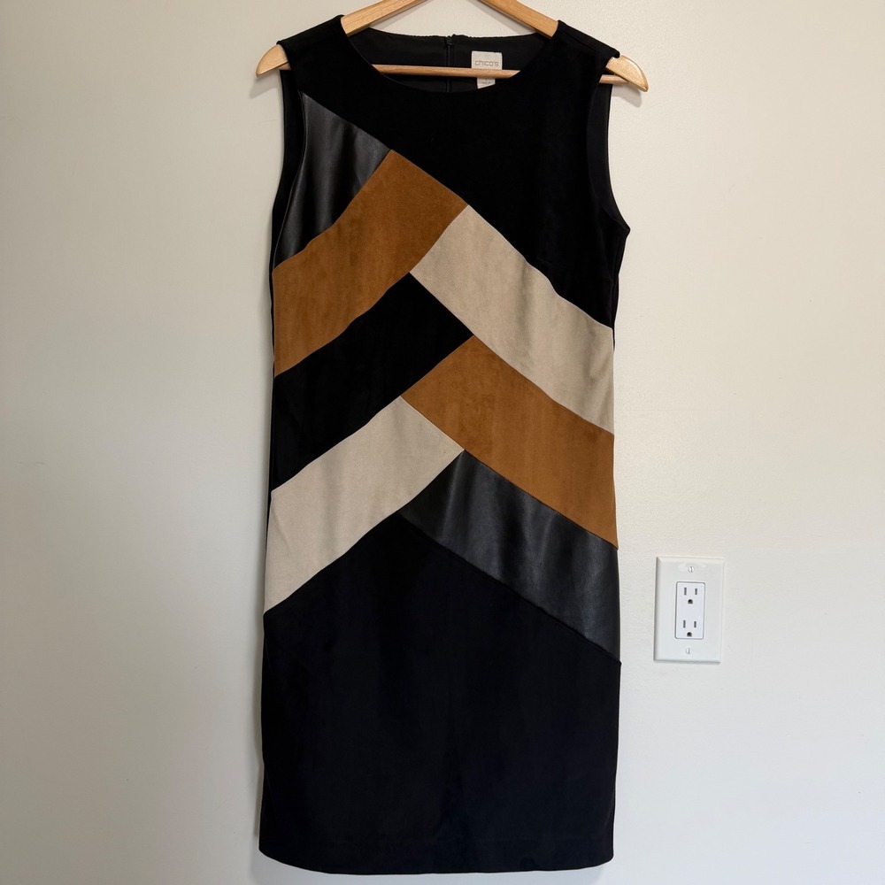 Chicos Sleeveless Dress Faux Suede Leather Chevron Geometric Black Tan Neutral 1